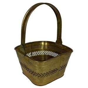 Solid Brass Square Pierced Ribbed Basket From India Decorative Container
